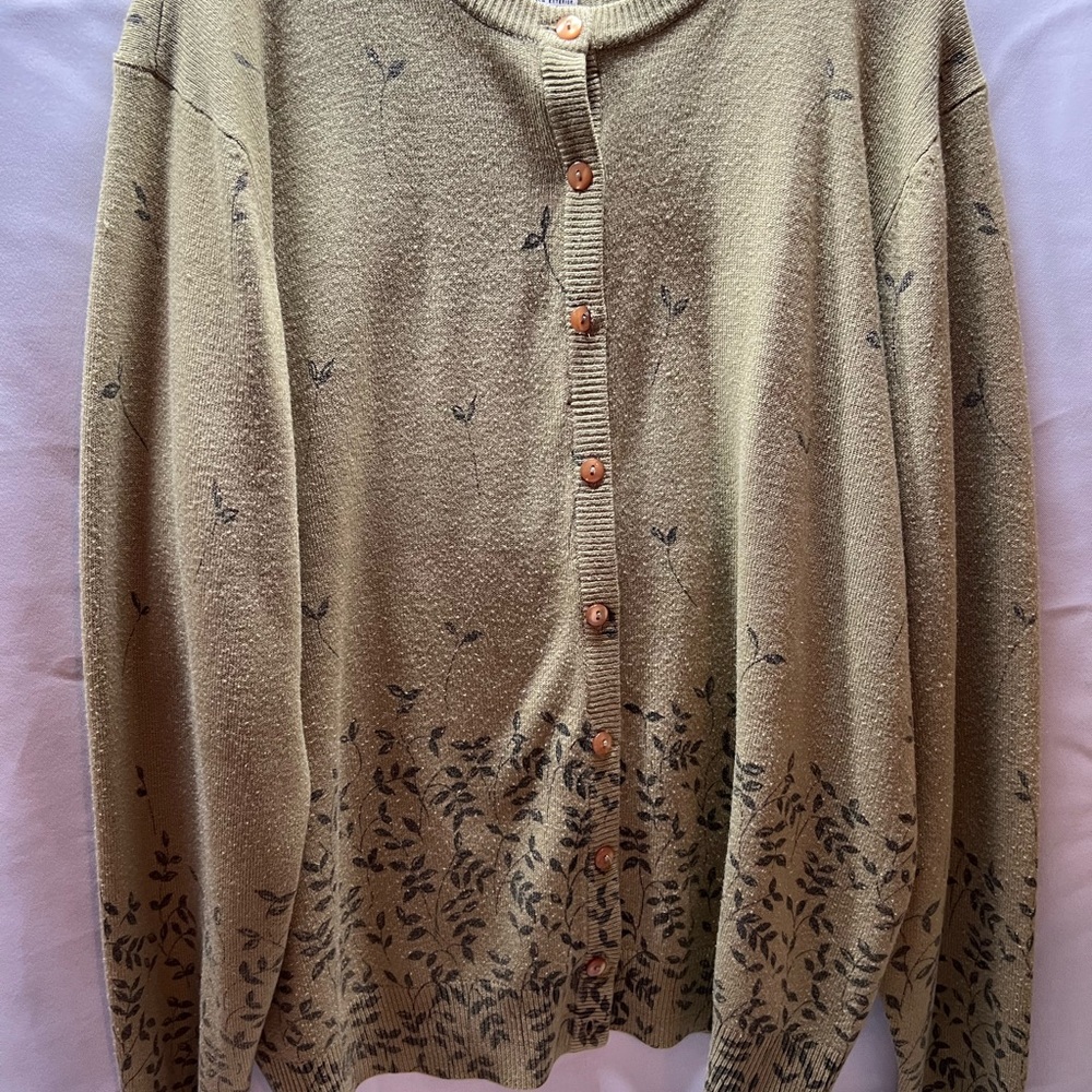 Sag Harbor Olive Cardigan with‎ Leaf Design Grandmacore soft fabric XL